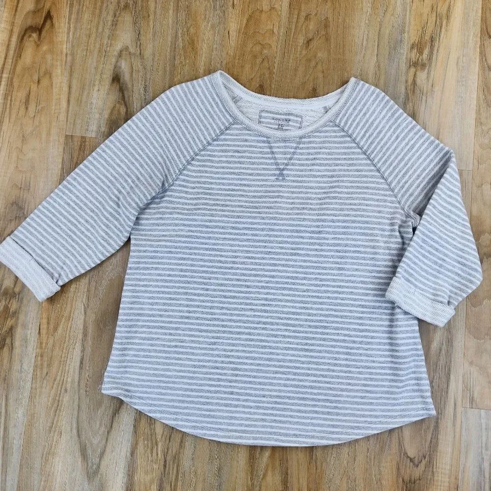 💛Sonoma Gray & White Stripe Cuffed 3/4 Sleeve Activewear Top Petite Large